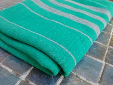 Vintage turquoise green & gray striped wool blanket very nice condition 57x79"