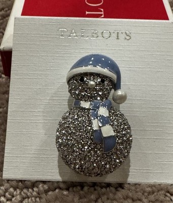 Talbots Rhinestone Blue Enamel  Faux pearl Snowman HOLIDAY Christmas Pin Brooch.