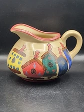 Heather Stone Pottery Pitcher W/Birds & Birdhouses Arts & Crafts Signed. Mint 