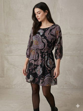 Express Black Paisley Chiffon Mini Dress Size S Purple Teal Blouson 3/4 Sleeve