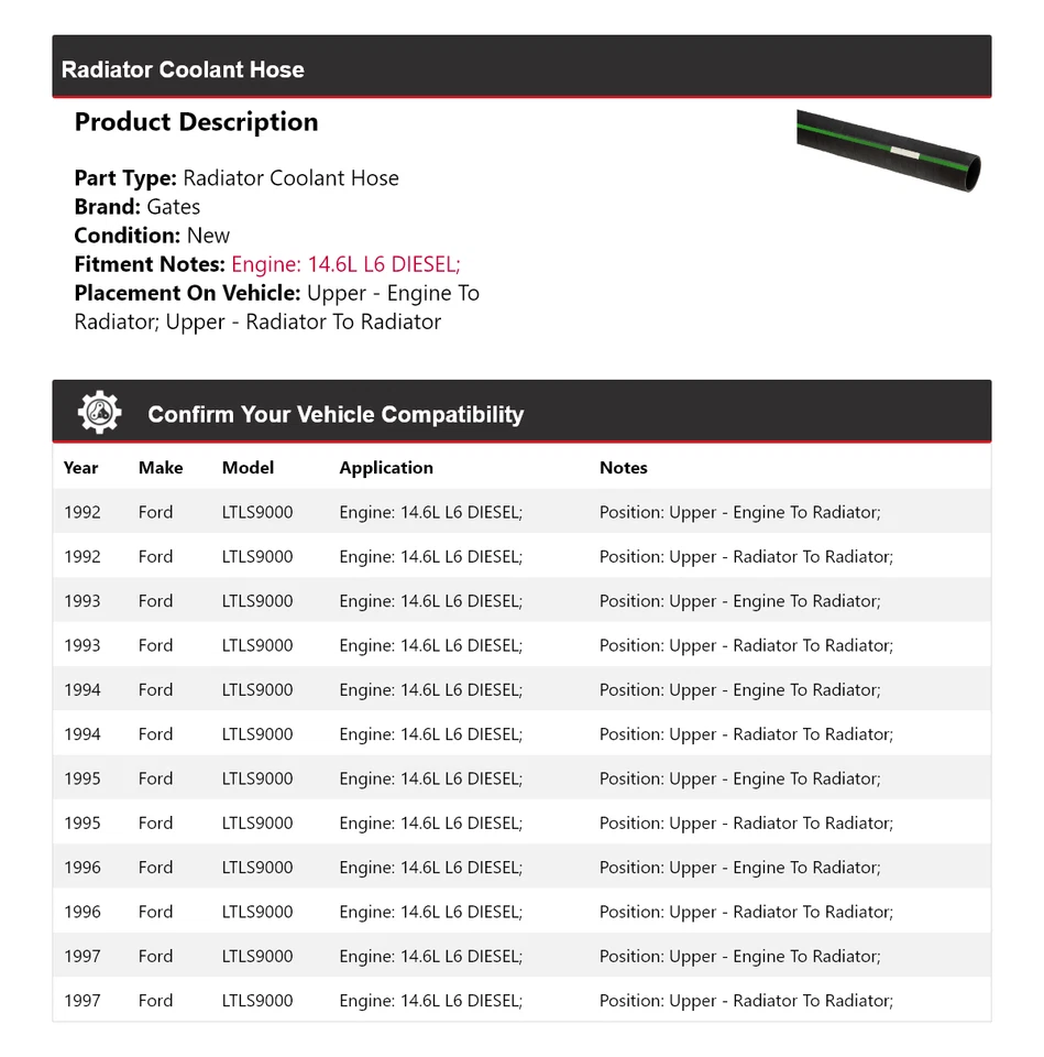 Para Ford LTLS9000 1992-1997 14,6 L L6 diésel radiador refrigerante manguera puertas 1993 Foto 2 de 4