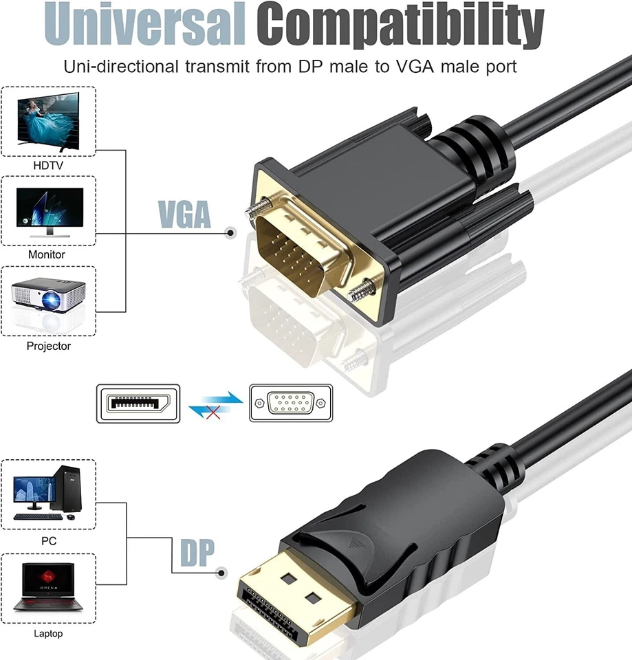 H17 DisplayPort auf VGA Kabel 1.8m Vergoldet 1080P DisplayPort DP Stecker zu VGA - Bild 4 von 4