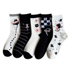 5 Pairs Girls Funny White Black Cotton Socks UK 4-7