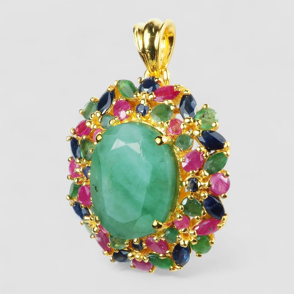 Colombia Emerald Pendant 925 Silver 24K Yellow Gold Finish Handmade Fine Jewelry - Image 3 of 4