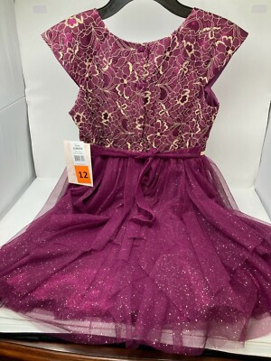 Jona Michelle Girls Wine Red & Gold Lace Special Occasion Party Tulle Dress  12