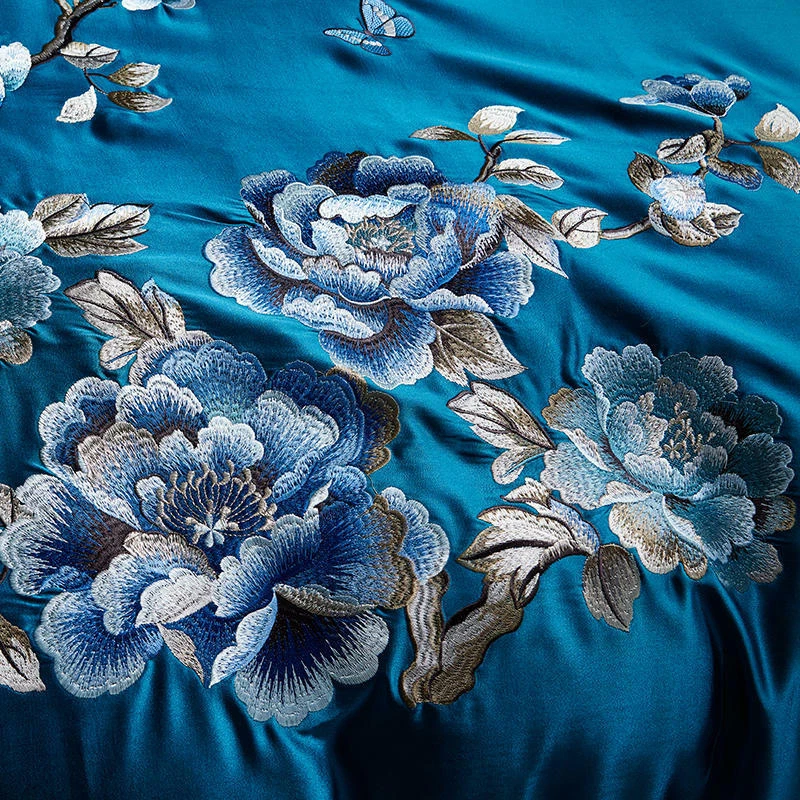 4pcs Bedding Set Luxury Real Silk & Cotton Embroidery Duvet Cover Set Flat Sheet - Image 3 of 4