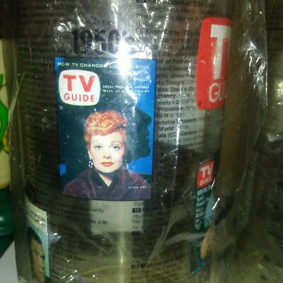 T V GUIDE PROMOTIONAL PLASTIC DRINKING GLASSES FEAT. I LOVE LUCY TV GUIDE COVER