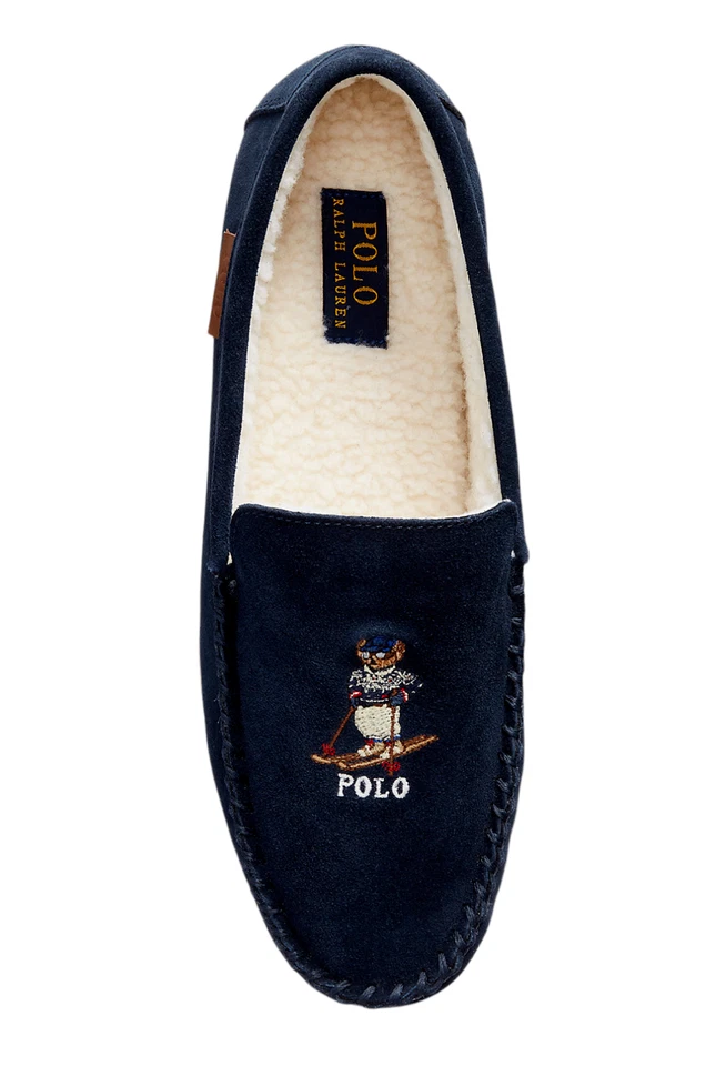 Men's Polo Ralph Lauren Navy Suede Winter Ski Bear Slippers Moccasins New - Image 4 of 4