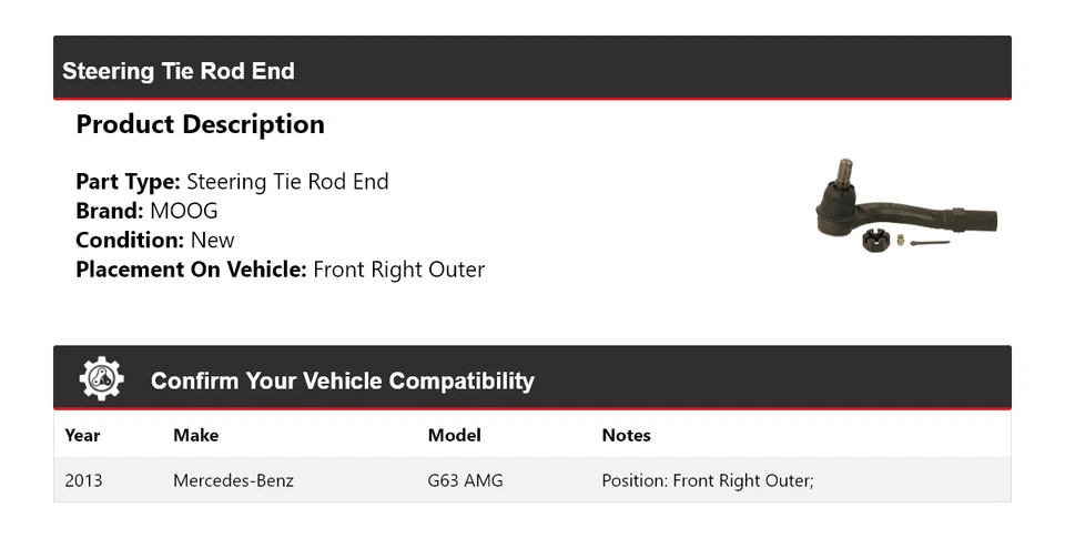 Para Mercedes-Benz G63 AMG 2013 extremo de barra de dirección delantero derecho exterior MOOG Foto 2 de 4