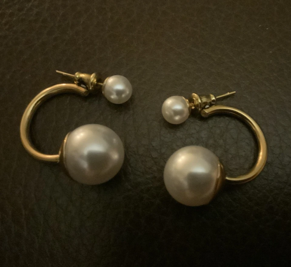 Anthropologie Pearl Crystal Hoop Earrings Gold Stud CZ Boho Cuff Back Front - Image 4 of 4