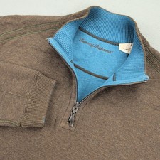 Tommy Bahama Sweater Mens 2XL Brown Blue Reversible 1/4 Zip Mock Neck Pullover