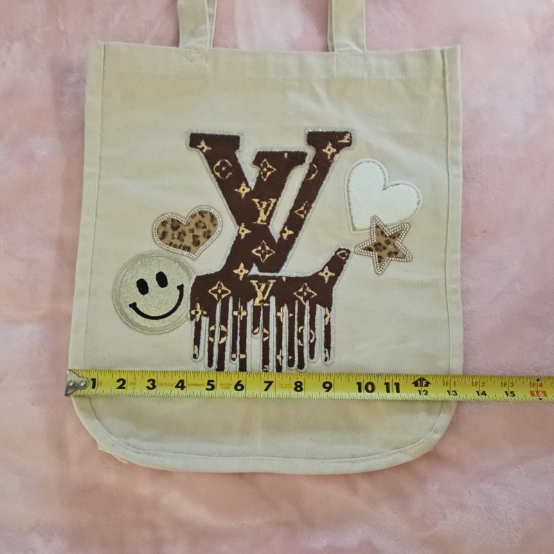 Handmade Beige/Brown Canvas Reusable Tote Bag  Heart Star Smiley Patch