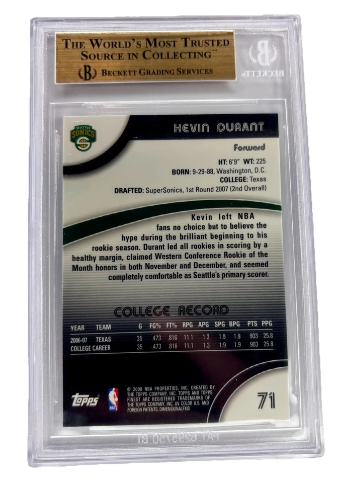 Kevin Durant 2007-08 Finest #71 RC Rookie Sonics BGS 9,5 gema como nuevo Foto 2 de 2
