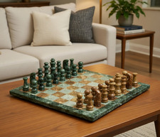 Natural Green Marble Chess Set – Handmade Board Game with Intricate Stone Pieces