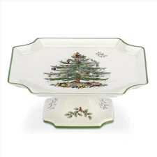 Spode Christmas Tree Footed Square Cake Plate - 10-Inch Holiday Cake Stand for