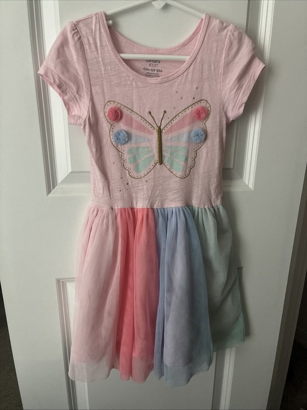 Carters Kid Girls Dress 6/6X Pink Butterfly Pom Tulle Layered Party Summer
