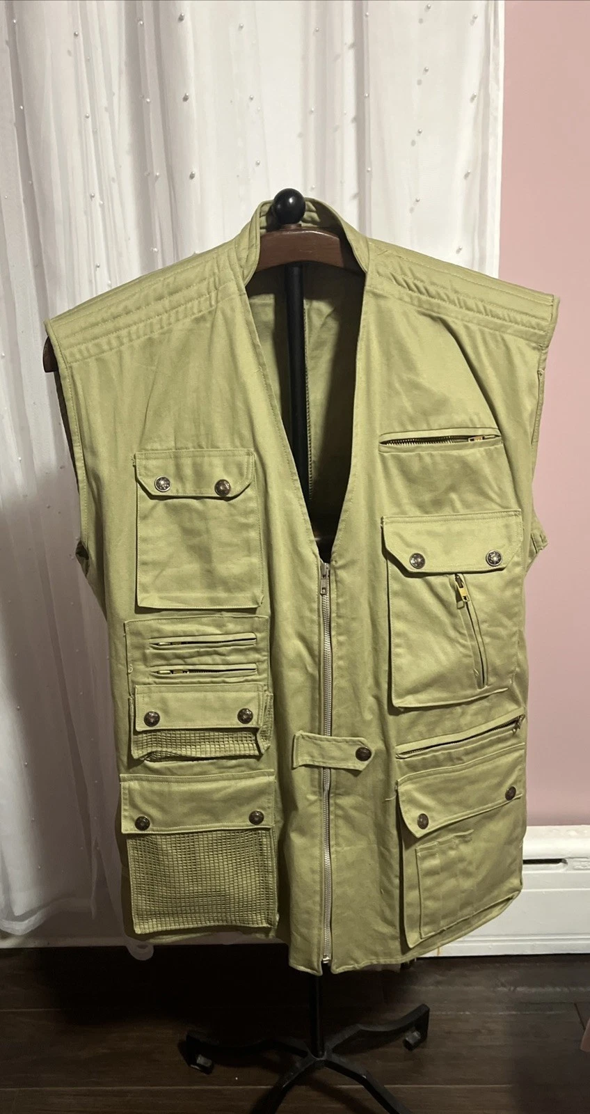 Vintage Beige Cotton Canvas Mesh Pocket Photography Fishing Safari Vest Sz. XL