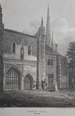 1812 antiker Druck Bishop Gate, Norwich, Norfolk. Ideal zum Einrahmen.