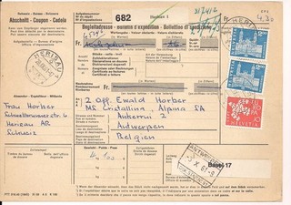 Paketkarte Schweiz 1961 nach Belgien gelaufen