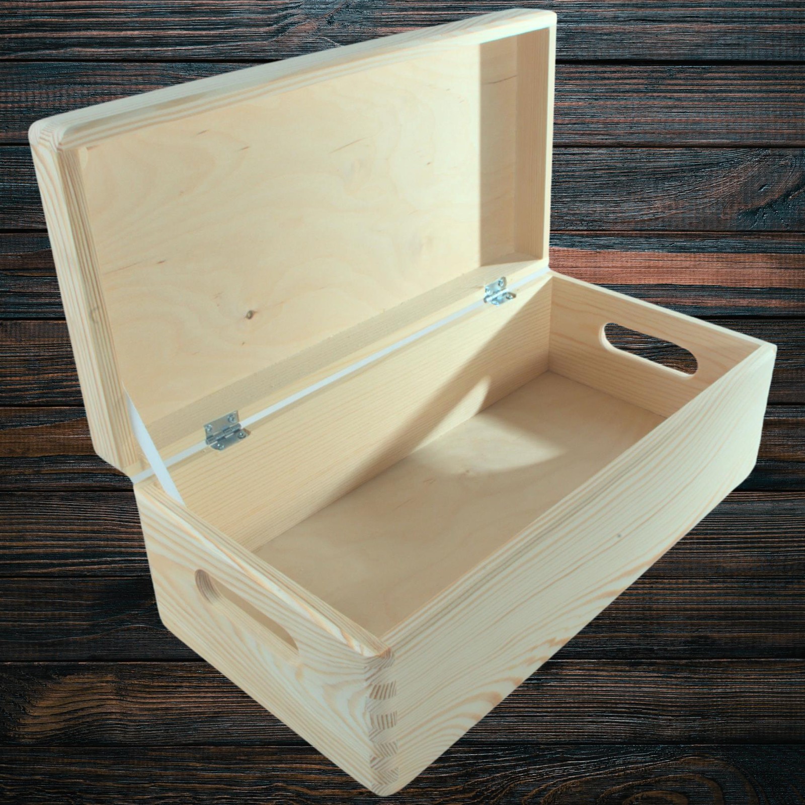 Narrow Wooden Storage Box with Lid & Handles Plain Pine Organiser 40x20x14 cm