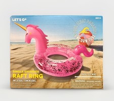 NEW Pink Unicorn 4' Wide Inflatable Glitter Filled Swimming Pool Raft Ring Float