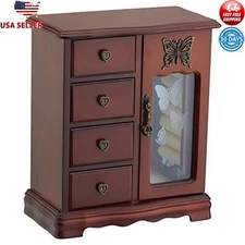Solid Wooden Jewelry Box Organizer W/ Drawers Necklace Carousel Mirror Storage