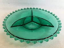 Round Turquoise 3 Sectioned Glass Relish Plate Beaded Rim