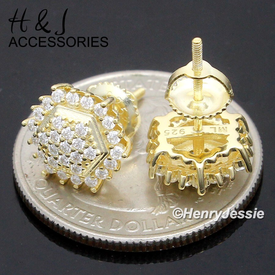 MEN 925 STERLING SILVER BLING MOISSANITE GOLD PLATED HEXAGON STUD EARRING*AME259