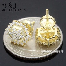 MEN 925 STERLING SILVER BLING MOISSANITE GOLD PLATED HEXAGON STUD EARRING*AME259