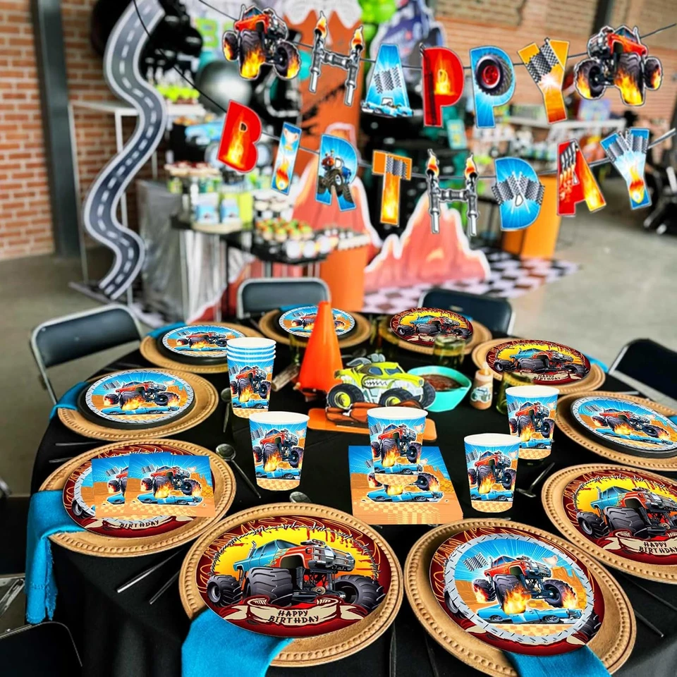 52 PIEZAS Monster Truck Banner Cumpleaños Monster Truck Fiesta Platos y Servilletas Smas Foto 3 de 4