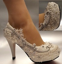 su.cheny - 3"/4" white light ivory lace crystal Wedding Bridal pumps heels shoes