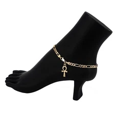 NEW 11" Figaro Chain Anklet Bracelet Ankh Charm Ankle Bracelet  Gold Plated