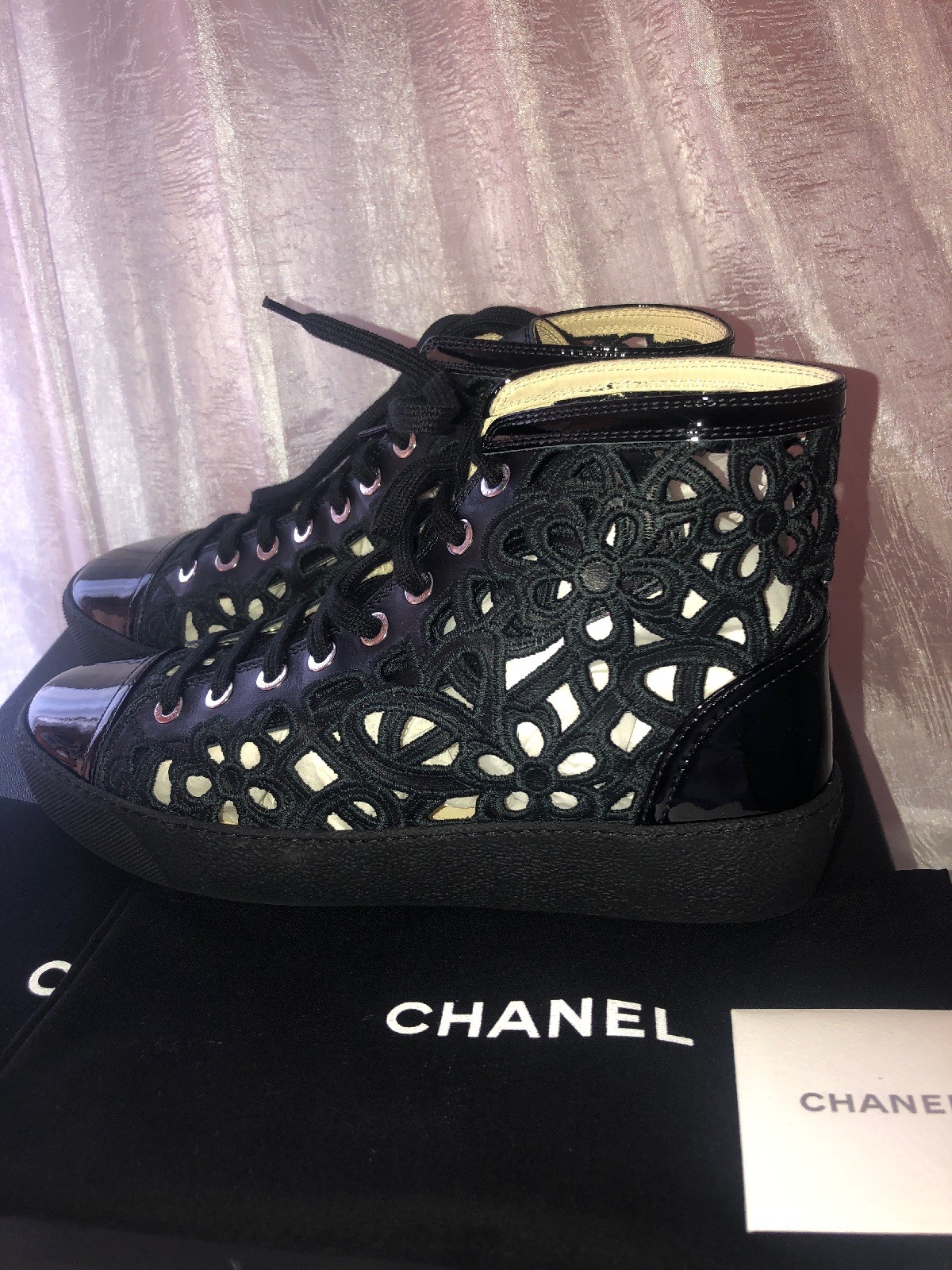 NIB CHANEL Floral Cutout Hightop Sneakers Black Leather w/Patent Tip Sz.37 $1.2K image 3
