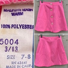 vintage button front pink polyester mini skirt mod gogo made in Calif 7-8 24