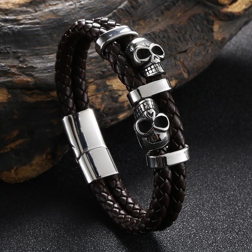Pulsera Calavera Acero Inoxidable Cuero Trenzado Esqueleto Pulsera Punk Joyería - Imagen 14 de 35