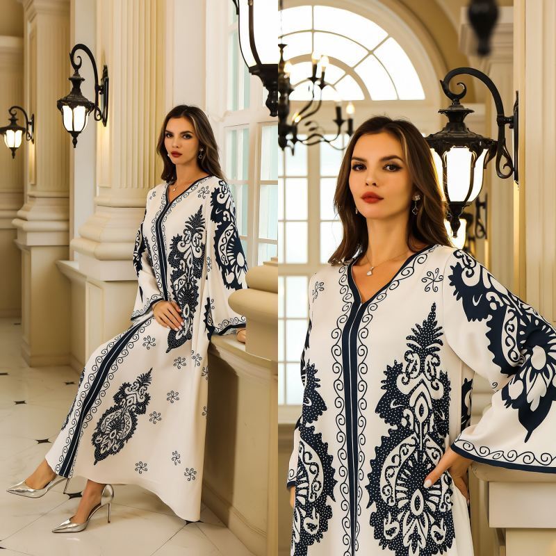 Retro Ethnic Style Women Burqa Arab Print V-Neck Long Sleeve Dress