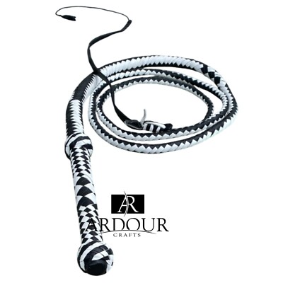 Fouet Bullwhip En Cuir Véritable 8FT (2.5m) Beige/noir - Artisanal, Maniable, Avec Dragonne