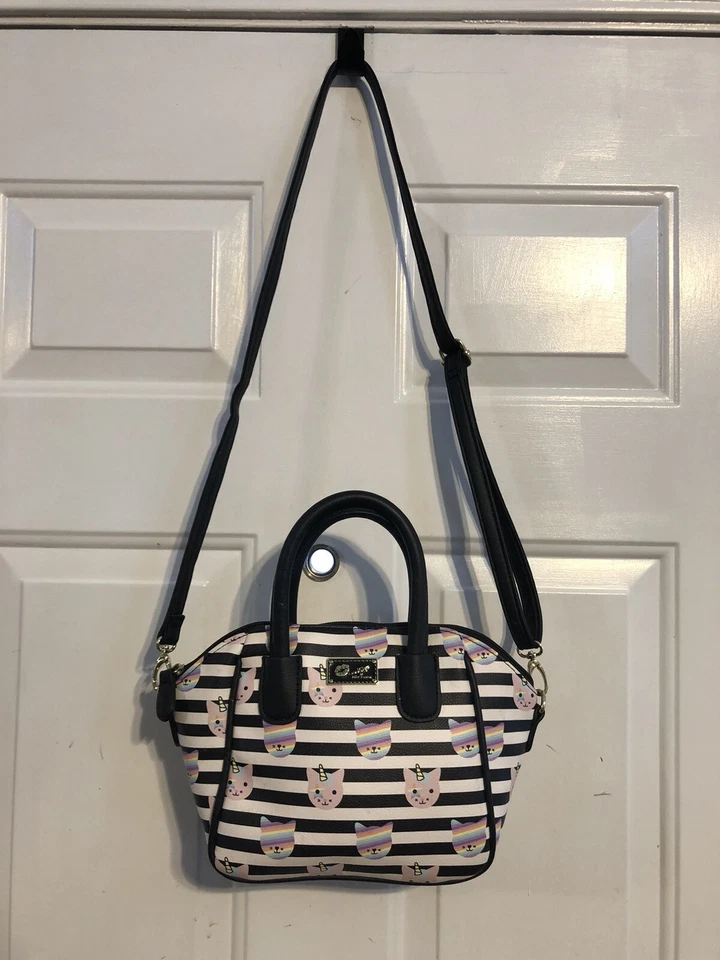 Luv Betsey Johnson Unicorn Cat Striped Mini Satchel Crossbody Bag Purse