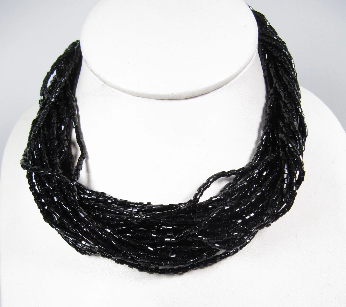 Vintage Shiny Black Glass Bugle Bead 12 Multi Strand Necklace Vtg 30