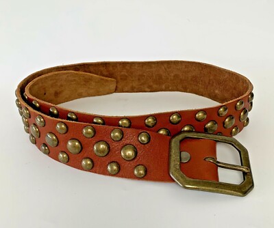 MELAMED Brown Leather Belt Large L Antique Brass Round Studs  display picture 1