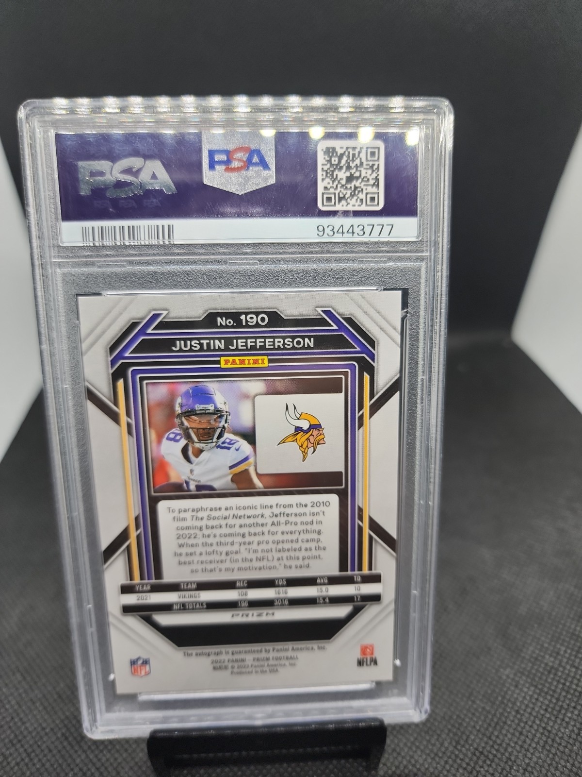 2022 Panini Prizm Justin Jefferson Silver Prizm Auto Psa 10 view 2