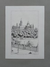 Original Pen&Ink of Parliment Hill, Ottowa by Mani-Alini Oliver Numbered Signed
