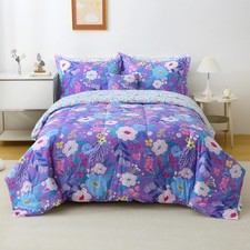 Kids Twin Comforter Sets for Girls 6 Pieces Purple Floral Bedding Set for Tee...