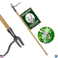 Stand Up Weed Puller Tool - Long Handle, Bamboo & 4-Claw Steel Head Design