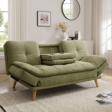 3 Seater Luxury Sofabed Sage Green Fabric Console Cupholder Solid Build Sofa