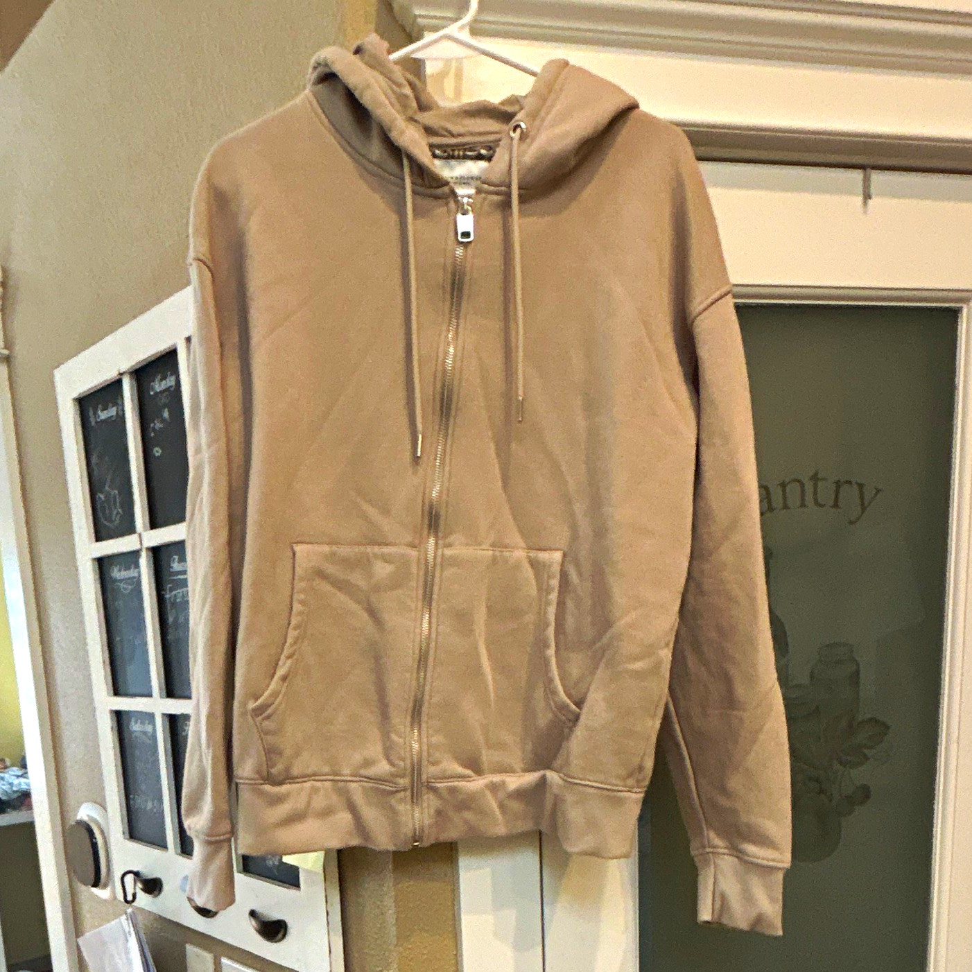 Denim & Flower Ricky Singh Beige Full Zip Fleece Hoodie Pockets Drawstring Sz M