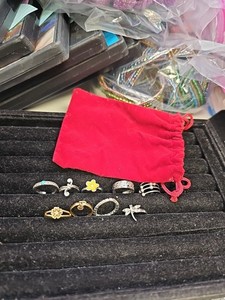 9 Toe Rings Adjustable With Red Velveteen Pouch Goldtone & Silvertone Dragon Fly