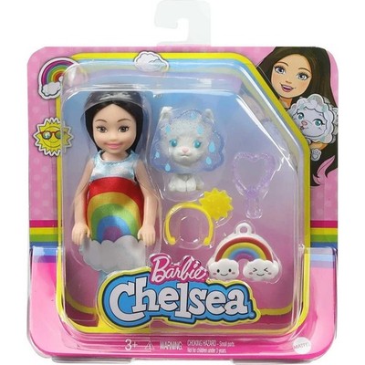 Barbie Chelsea Doll, Brunette Small Doll with Rainbow Costume, Pet Kitten, Charm