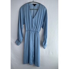 KAREN KANE Women Chambray Denim Roll-Up Sleeve Pocket Belt Shirt Dress Sz Medium