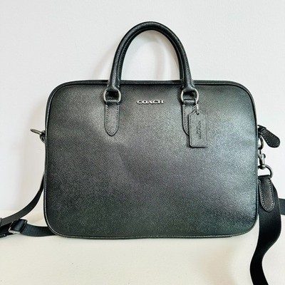 COACH LIAM COMPACT BLACK LEATHER BRIEF LAPTOP TABLET MESSENGER BAG UNISEX $450